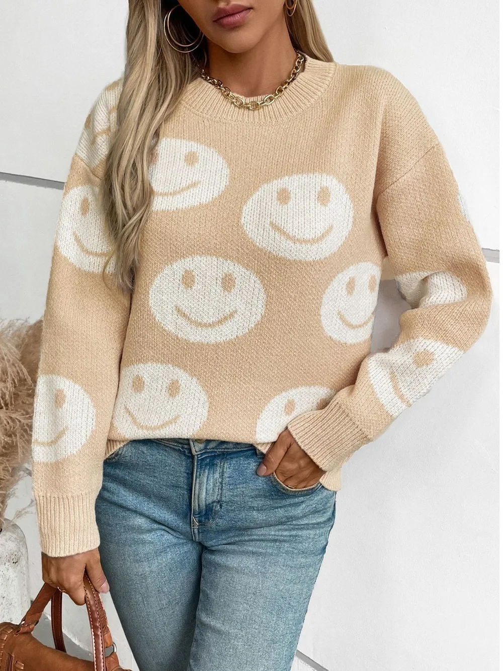 Smile Pattern Round Neck Long Sleeve Sweater, image 2