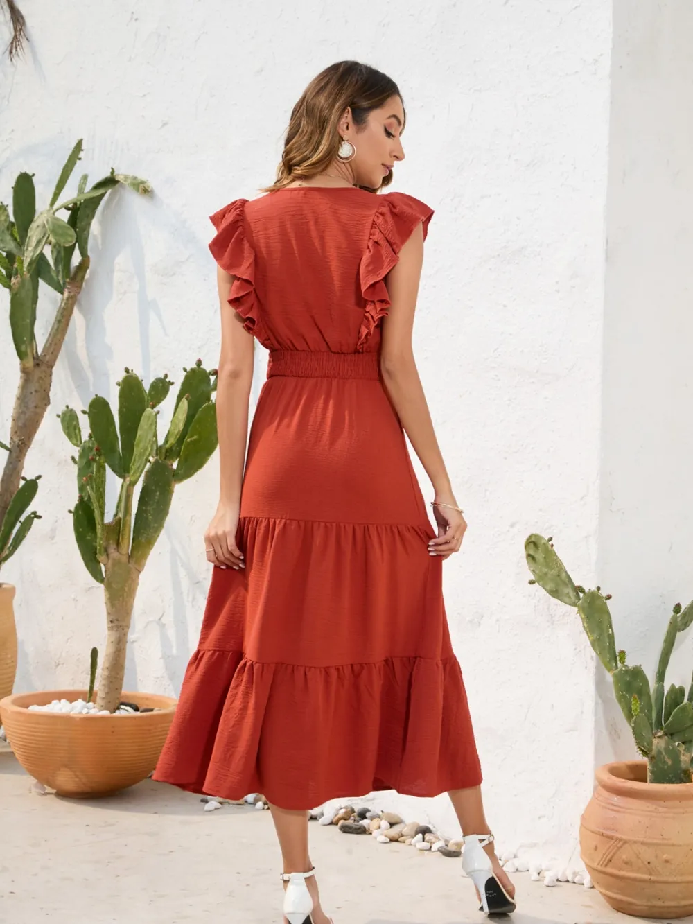 Tiered Ruffled V-Neck Cap Sleeve Dress, image 12