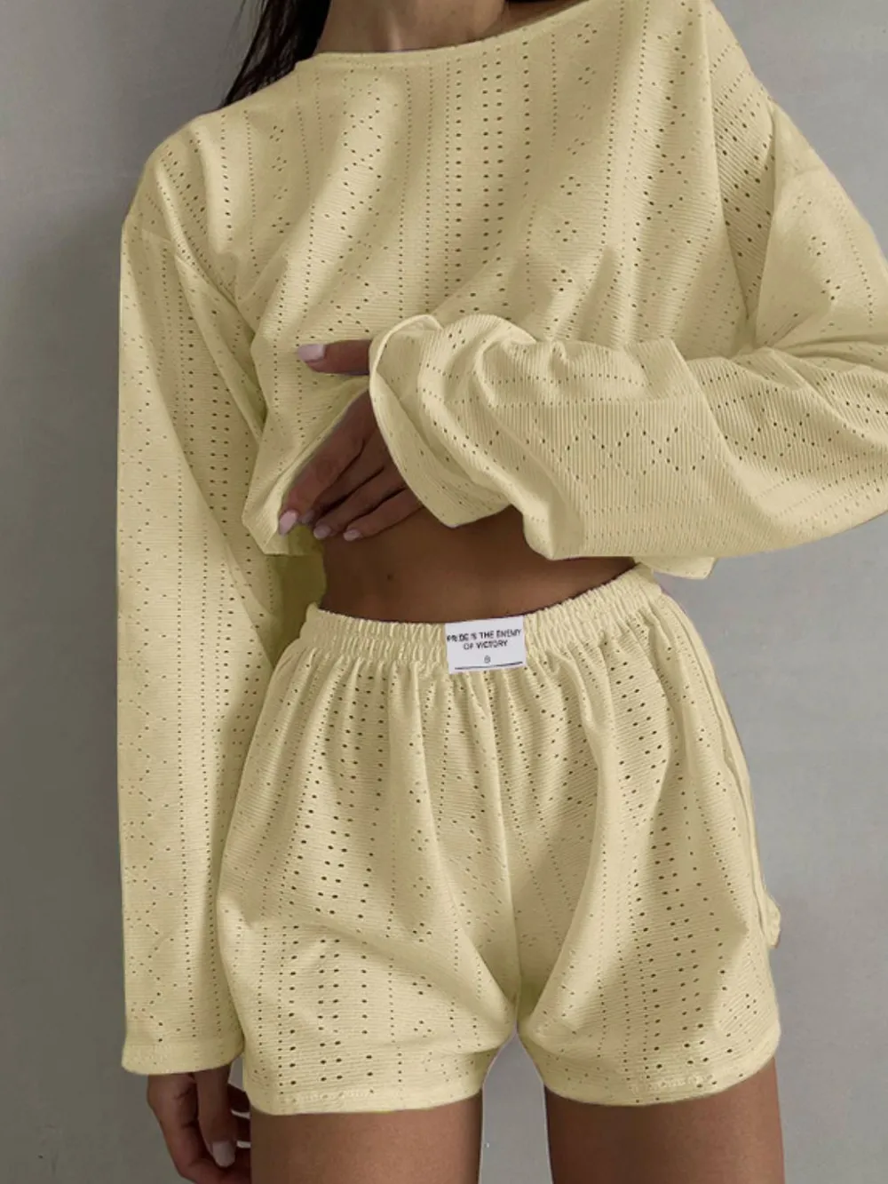 Eyelet Round Neck Top and Shorts Set, image 6
