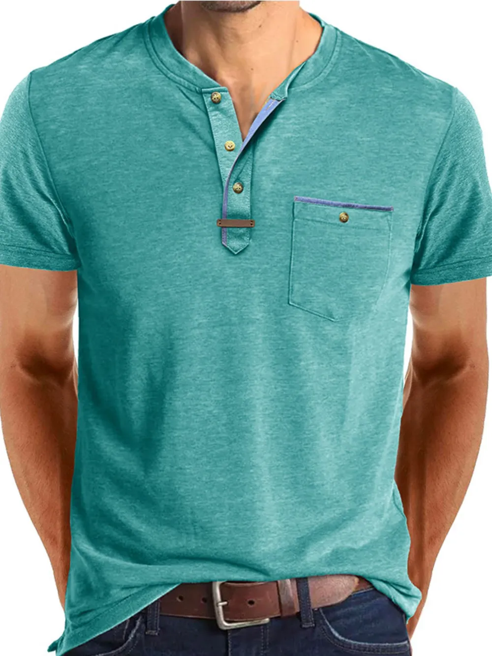 Men's Full Size Short Sleeve Henley Polo with Contrast Trim Plus Size, image 2