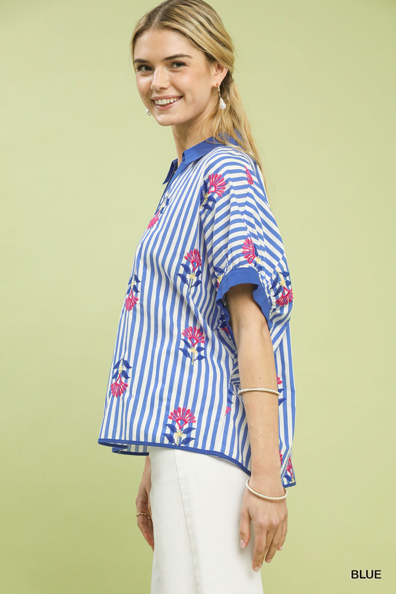 Stripe Embroidered Button-Front Boho Blouse, image 2