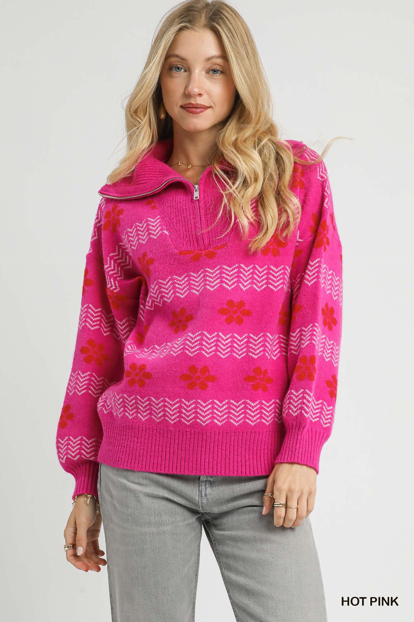 Floral Patterned Jacquard Quarter-Zip Pullover Sweater