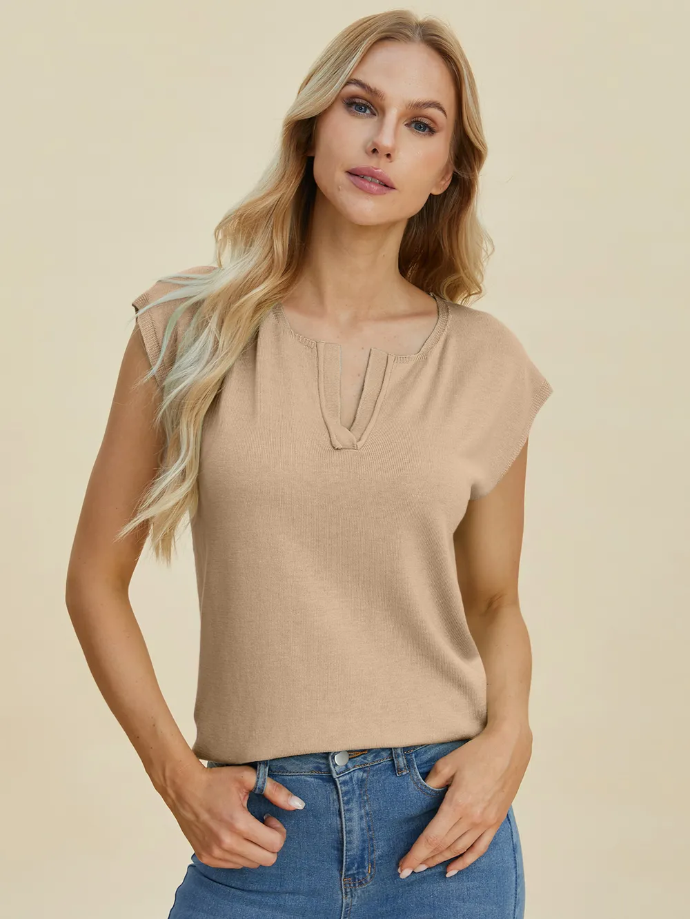 Full Size Notched Cap Sleeve Knit Top, image 3