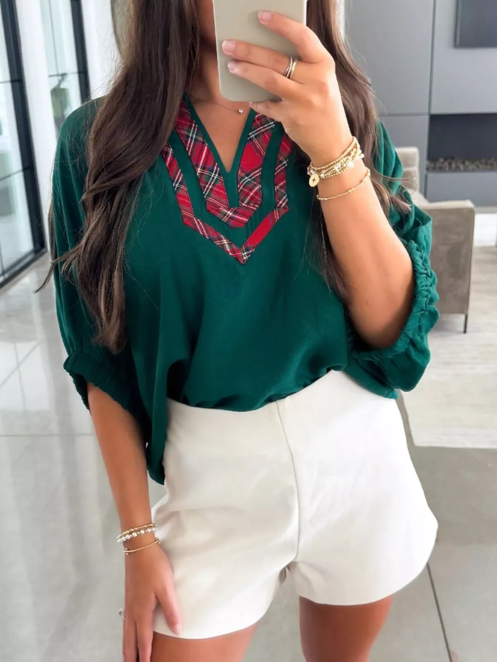 Plaid Trim Half Sleeve Blouse, image 4
