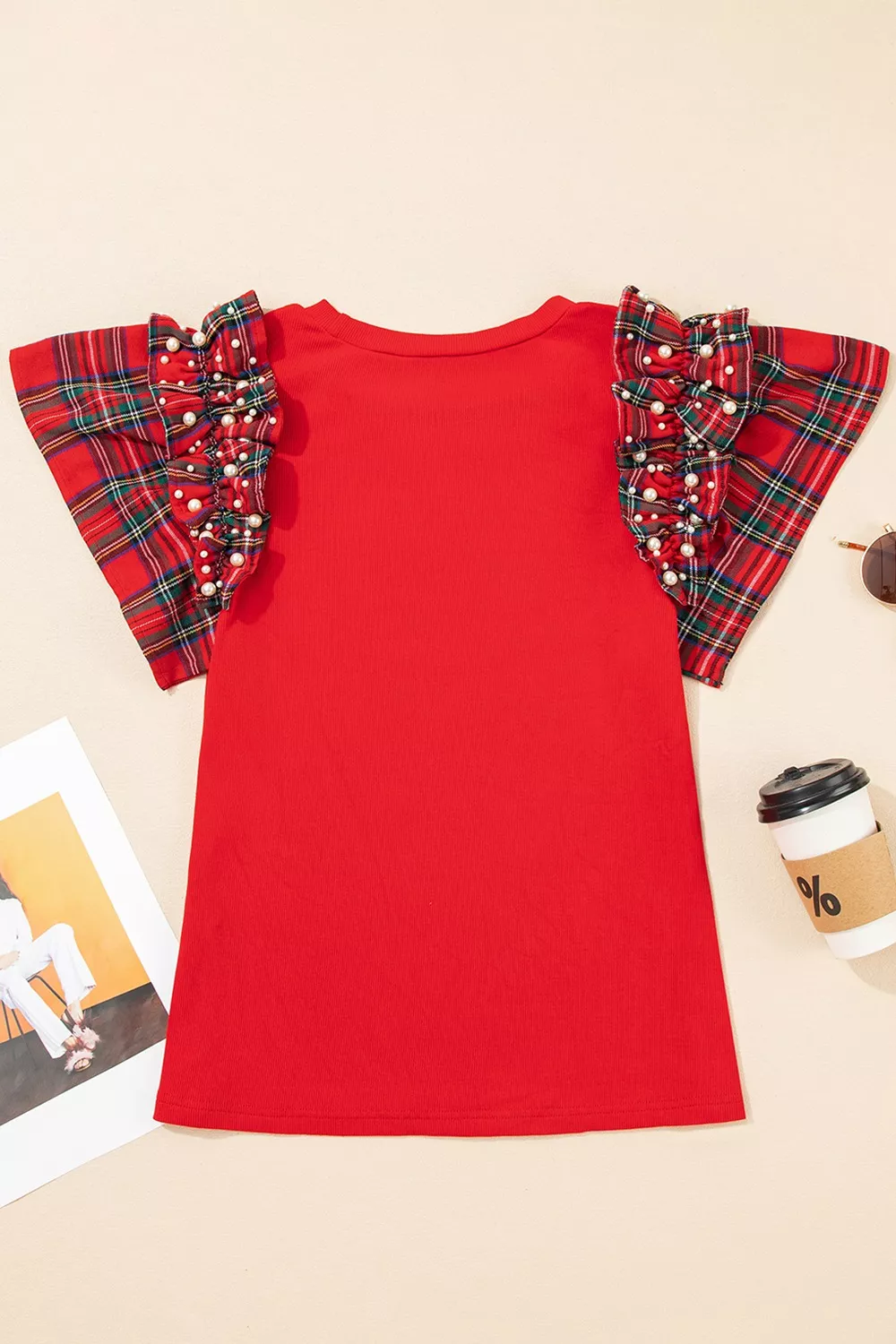 MERRY Plaid Ruffled Cap Sleeve Christmas Knit Top, image 3