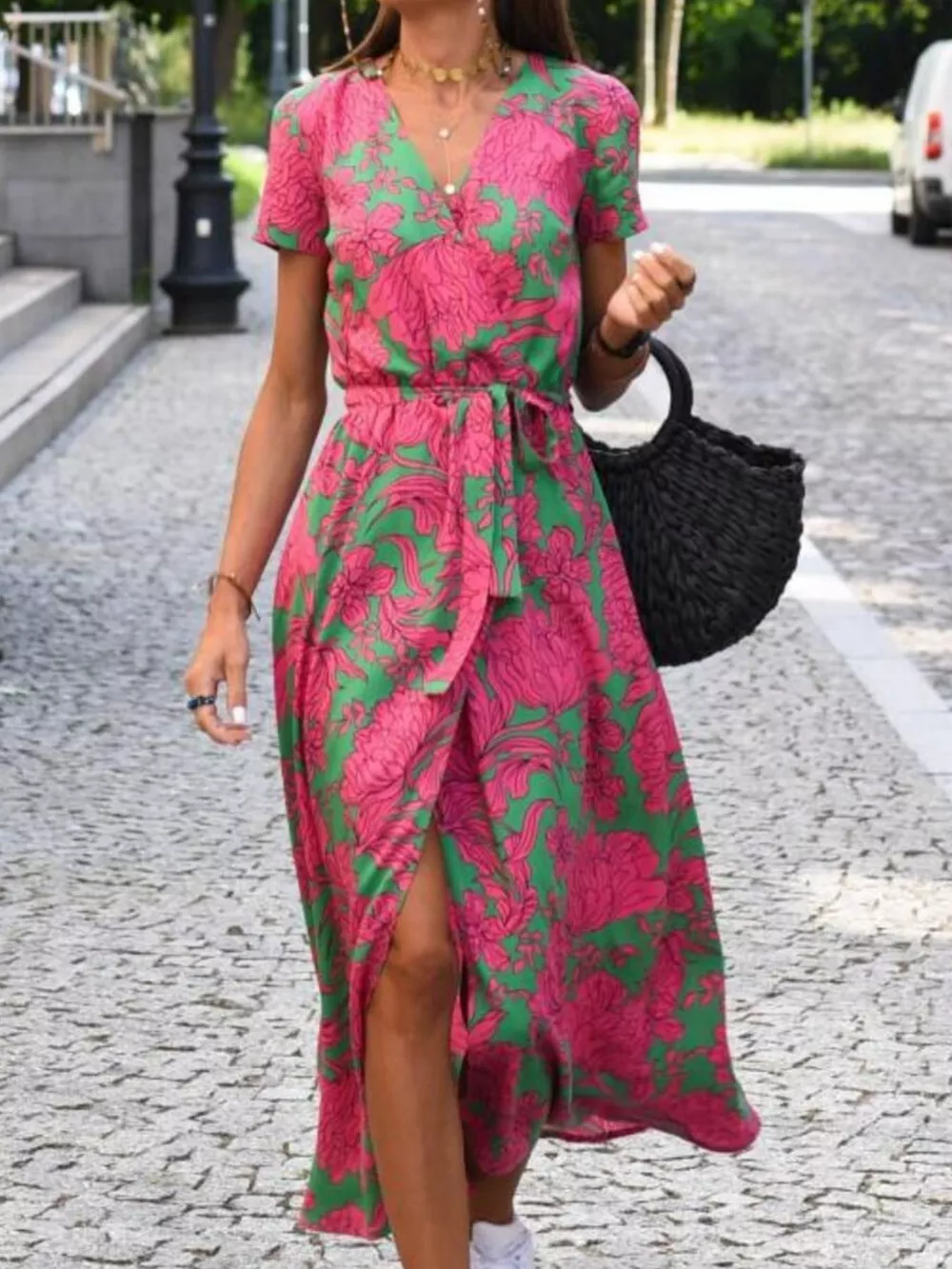Full Size Slit Floral Print Short Sleeve Dress Plus Size, image 2
