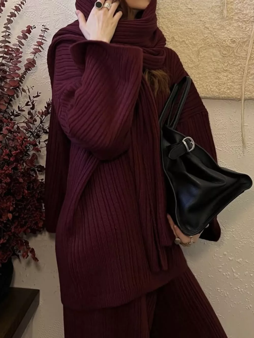 3-Piece Crew Neck Ribbed Sweater and Wide-Leg Pants Set with Scarf, image 19