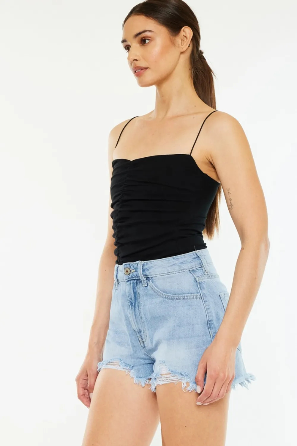 Raw Hem Distressed High Waist Denim Shorts, image 3
