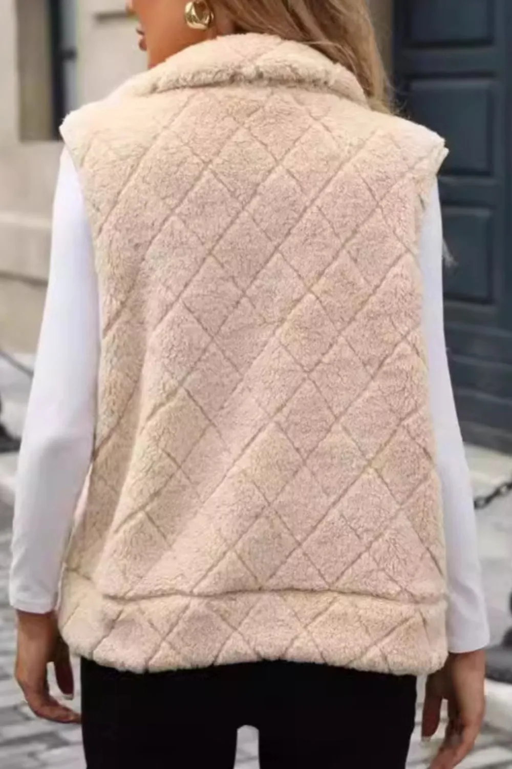 Fuzzy Plaid Texture Zip Up Vest Coat, image 3