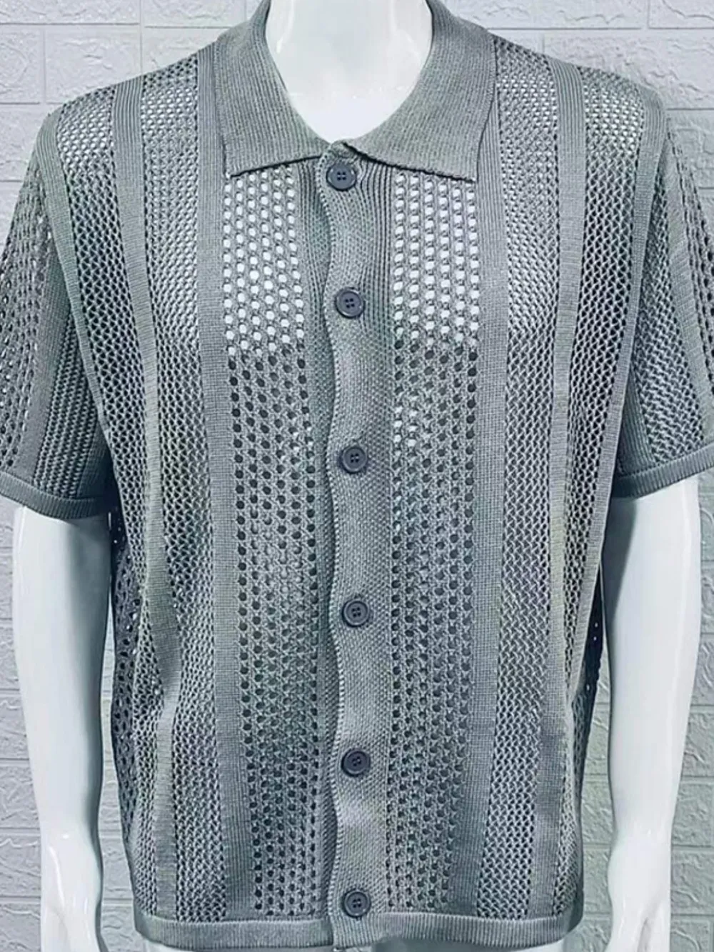 Men's Button Down Collared Neck Hollow Out Shirt, image 5