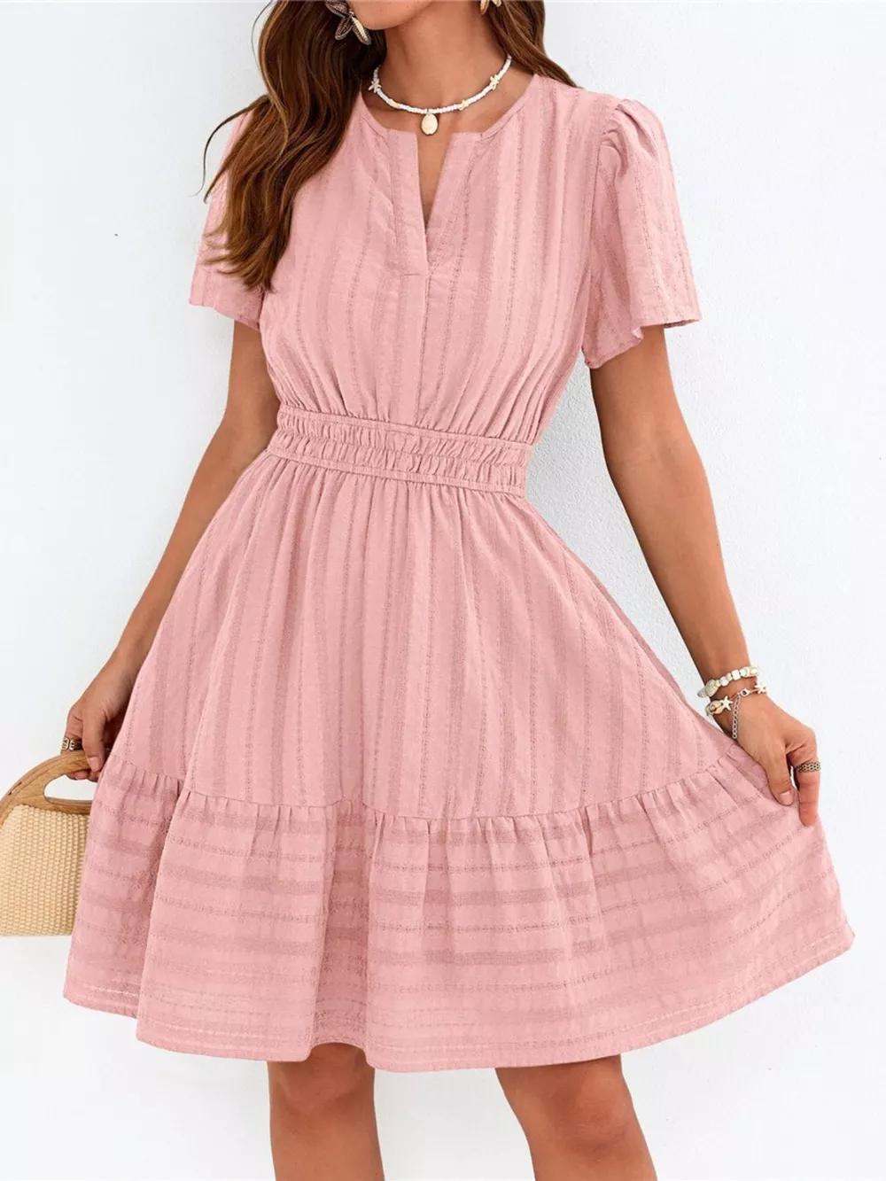 Short Sleeve Smocked Waist Tiered Dress, image 25