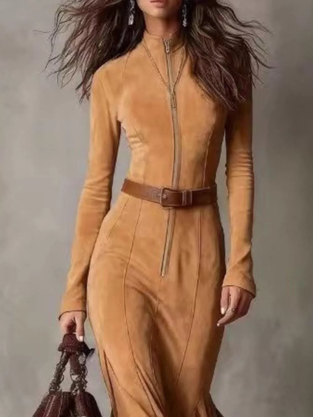 Full Size Slit Zip-Front Long Sleeve Maxi Dress with Belt Plus Size, image 7