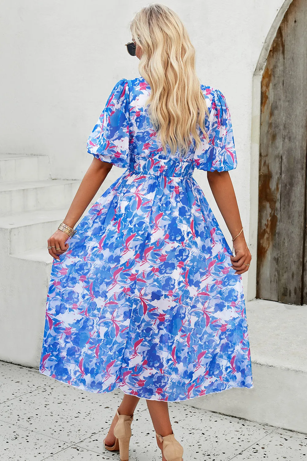 Smocked Printed V-Neck Short Sleeve Dress, image 10