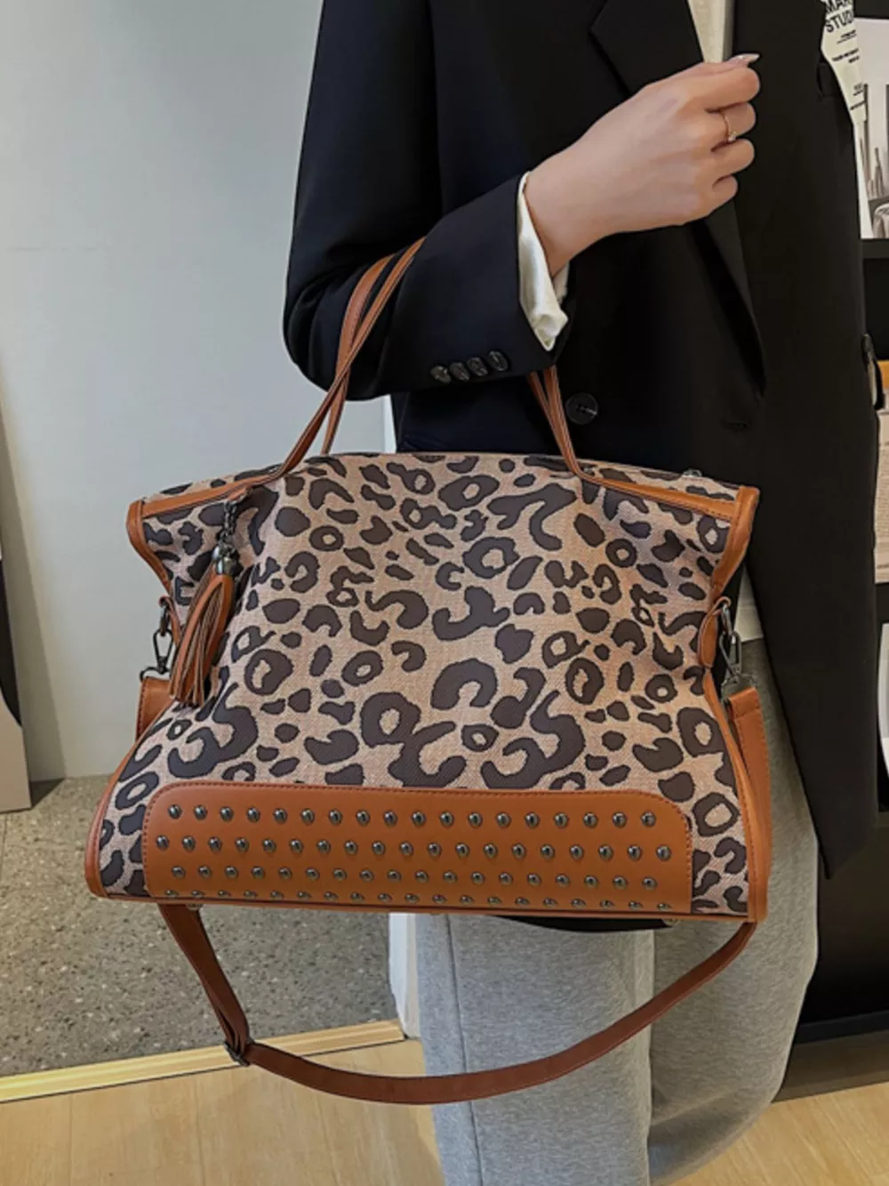 Leopard Studded Tote Bag, image 5