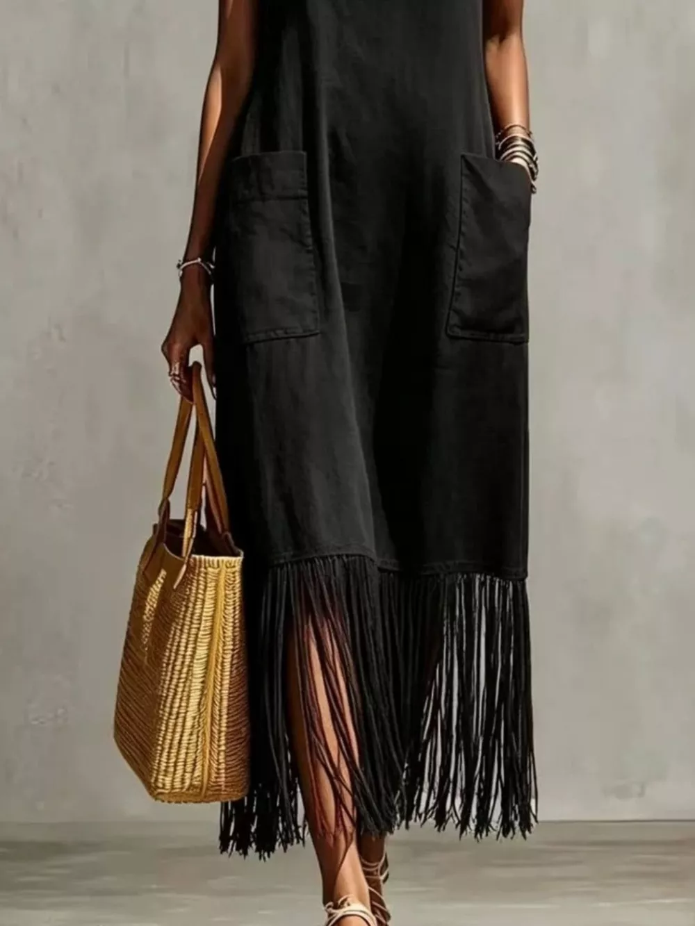 Full Size Fringe V-Neck Spaghetti Strap Dress Plus Size, image 4