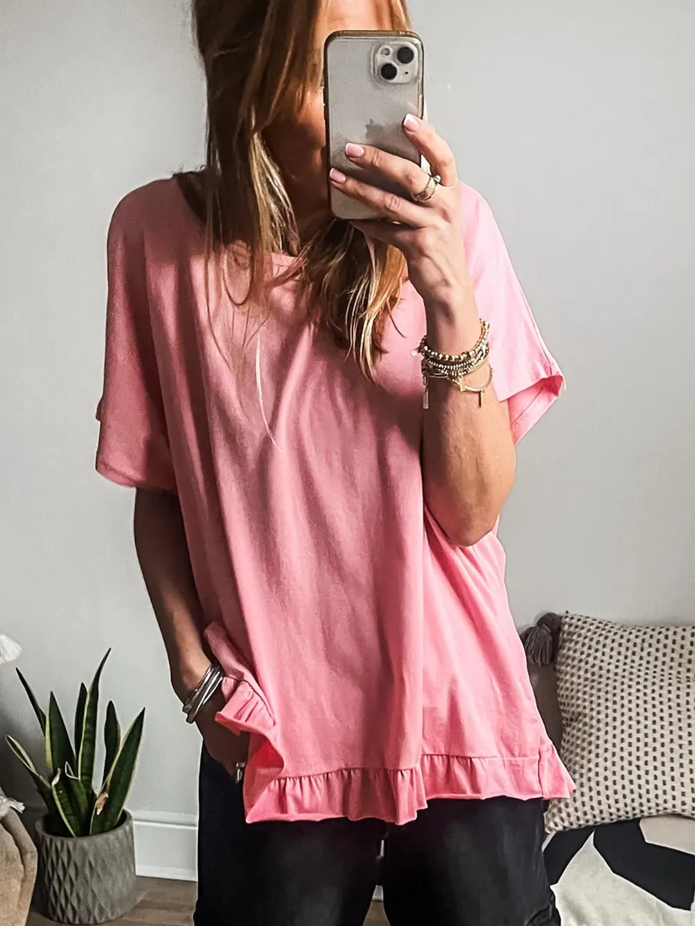 Ruffle Hem Round Neck Relaxed T-Shirt, image 2