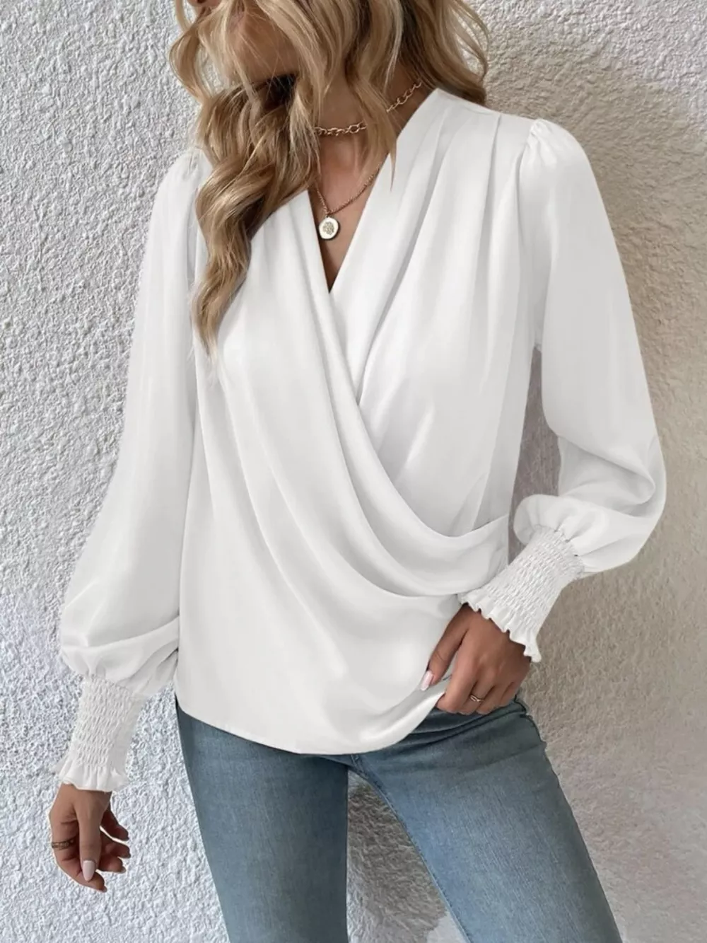 Ruched Surplice Long Sleeve Blouse, image 3