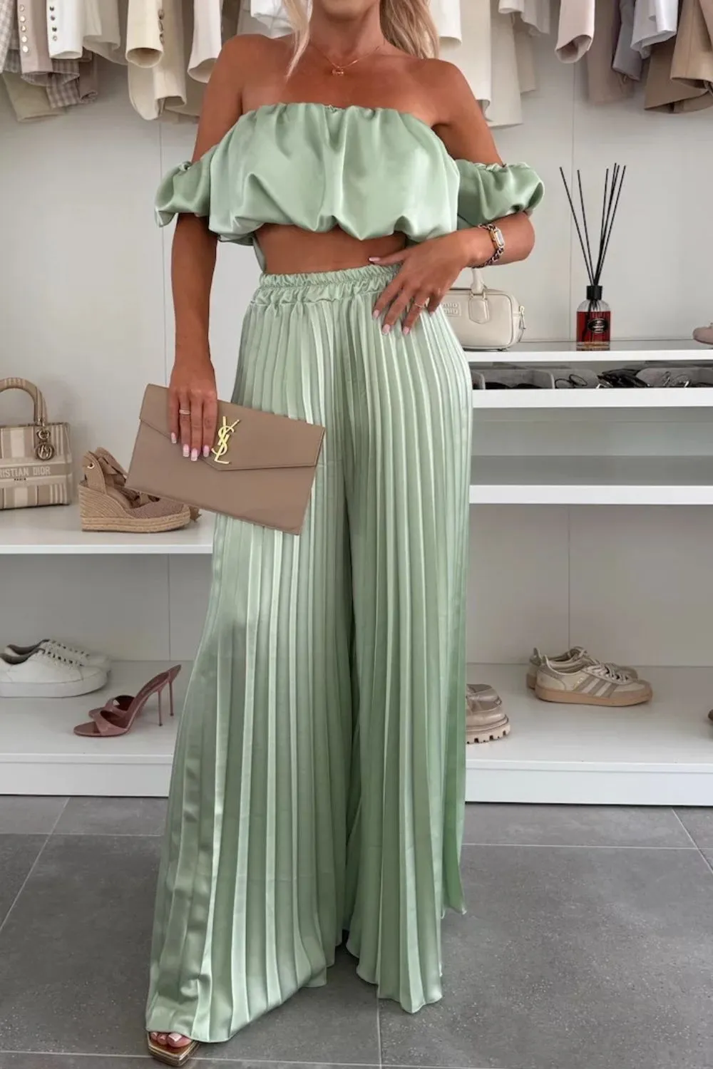 Off-Shoulder Top and Pleated Pants Set, image 7