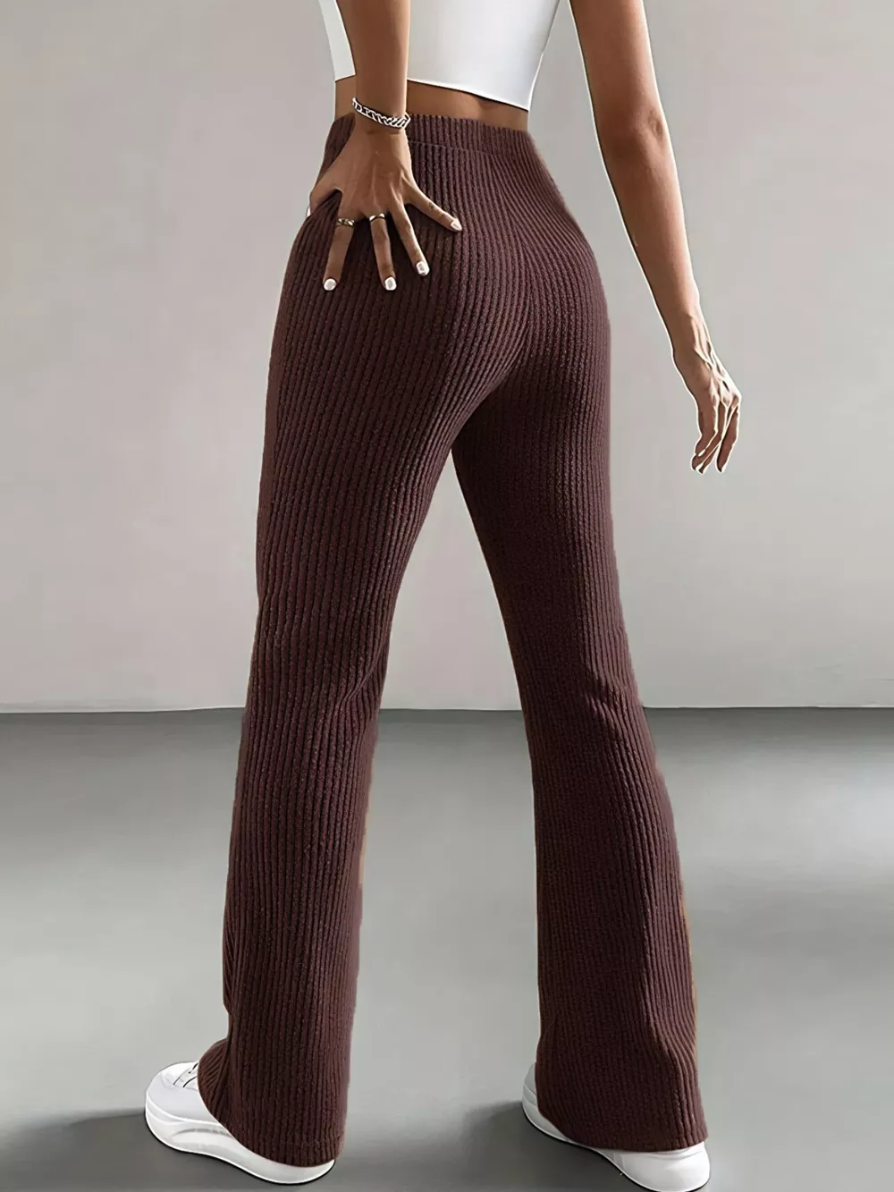 Ribbed Knit High Waist Flare Pants, image 3