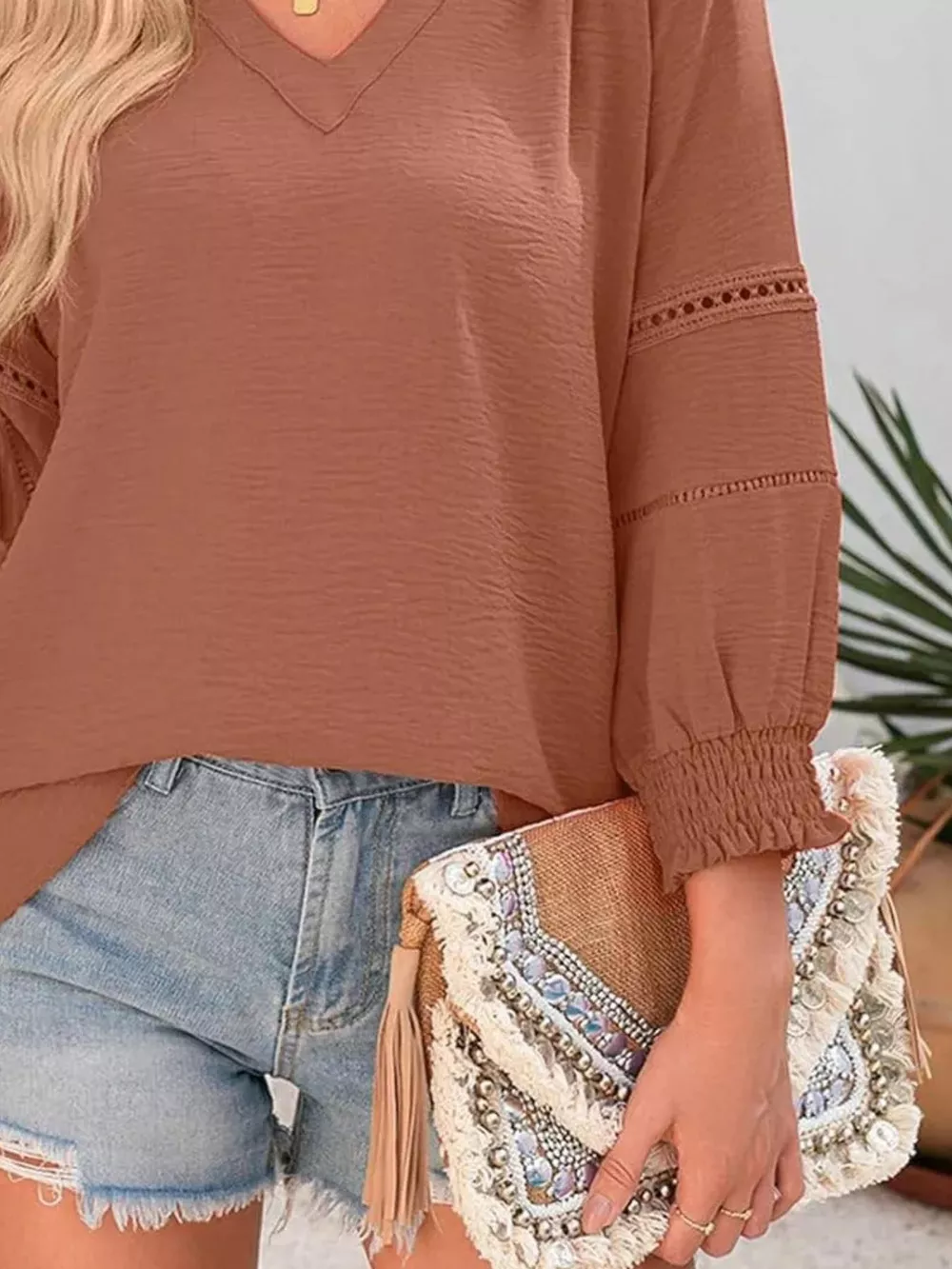 Solid Color Smocked Long Sleeve Blouse, image 36
