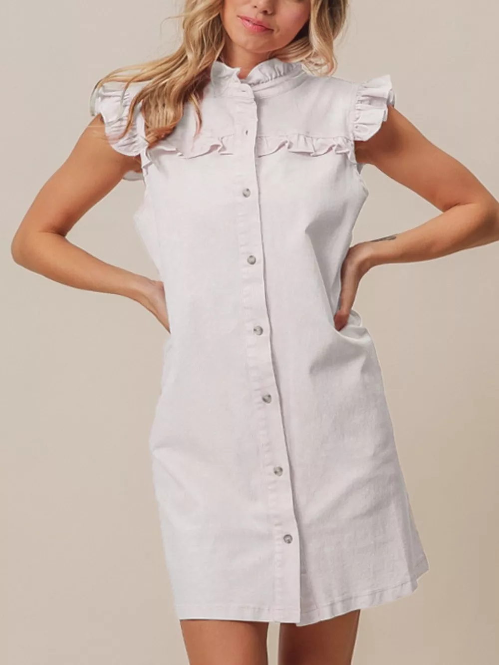 Ruffled Trim Button-Down Denim Dress, image 4