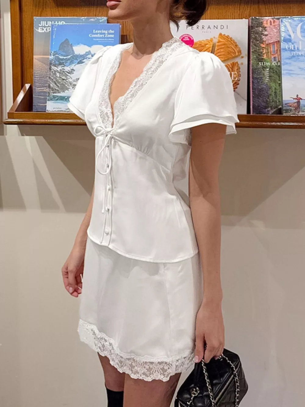 Lace Trimmed Top and Skirt Two-Piece Set, image 4