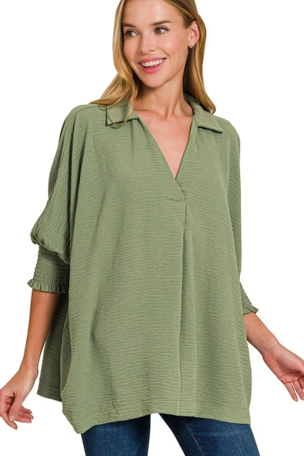 Airflow Collar Tee with Smocked Sleeve Band Top, image 2