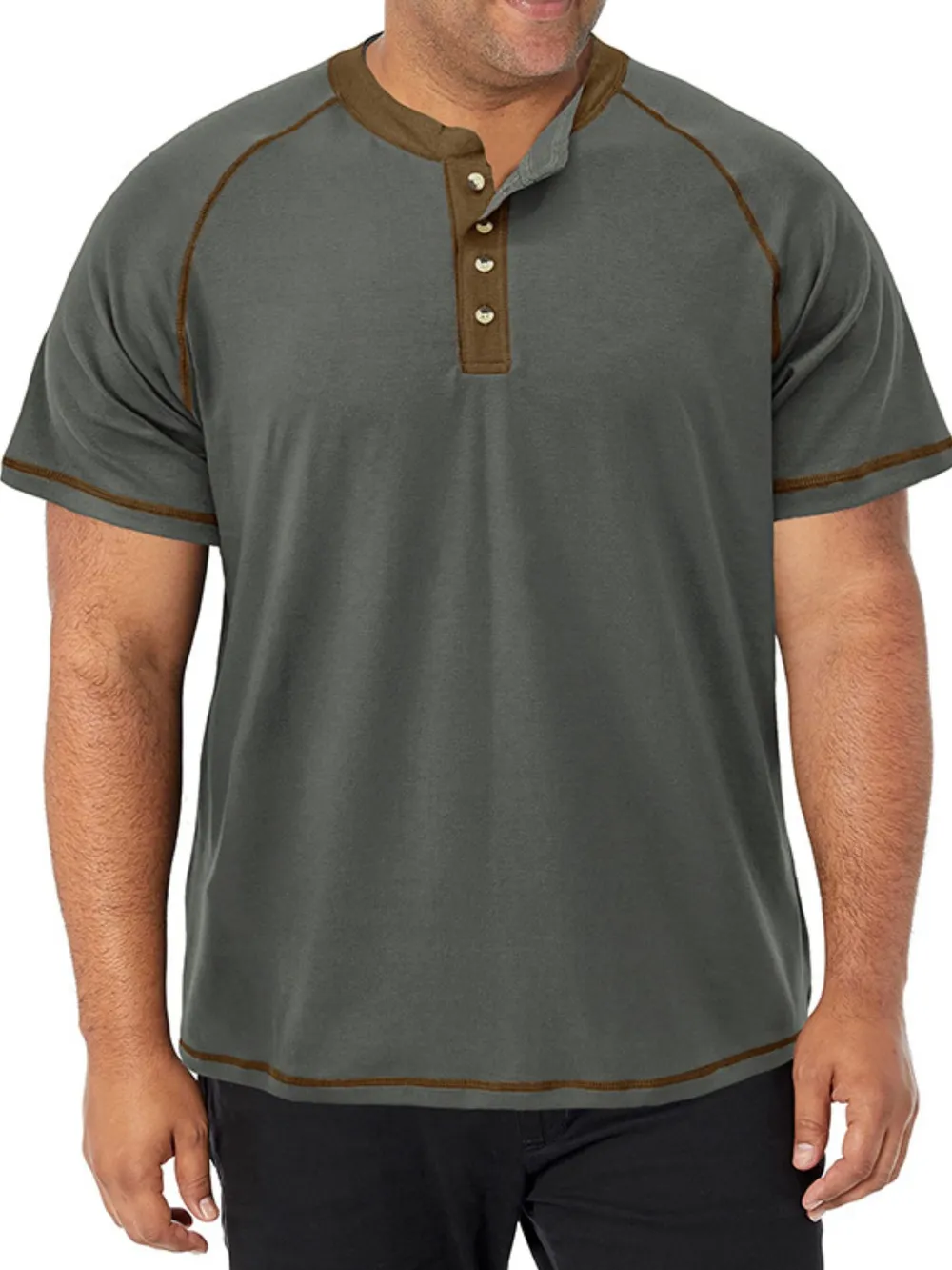 Men's Plus Size Contrast Stitch Henley Polo Shirt, image 9