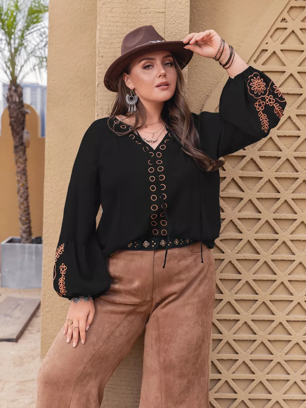 Plus Size Boho Embroidered Long Sleeve Blouse, image 2