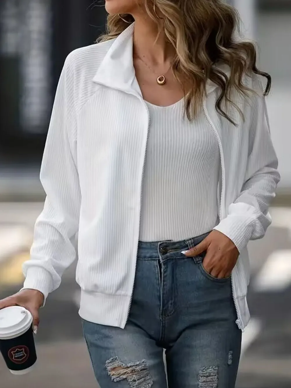Zip Up Collared Neck Raglan Sleeve Jacket, image 4