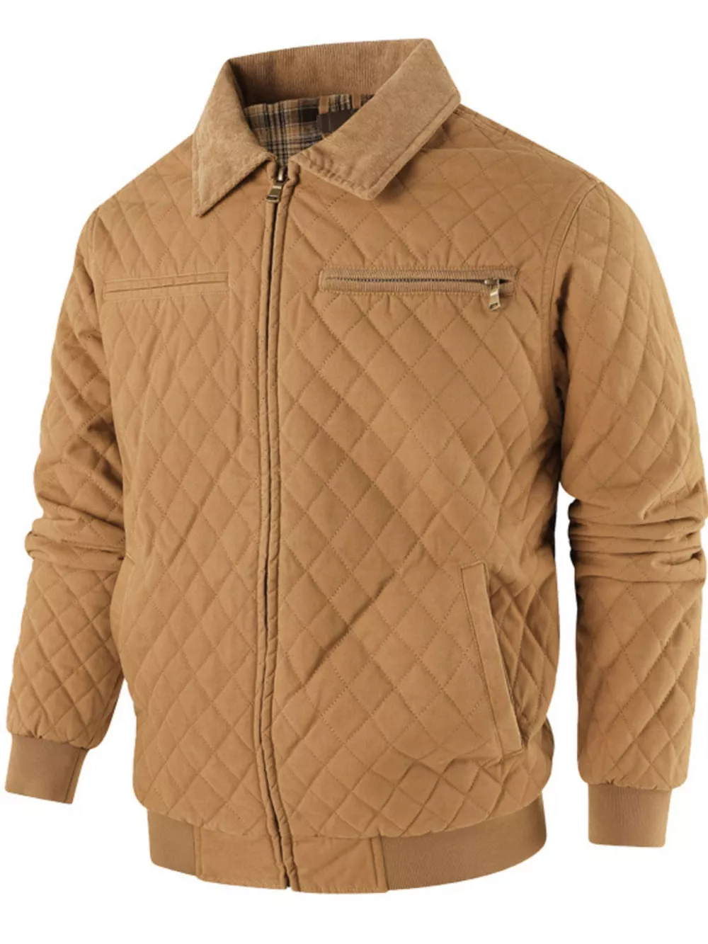 Men's Quilted Collared Neck Jacket with Plaid Lining, image 11