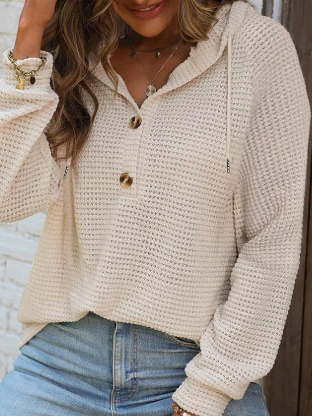 Casual Waffle Knit Button Detail Hoodie, image 3