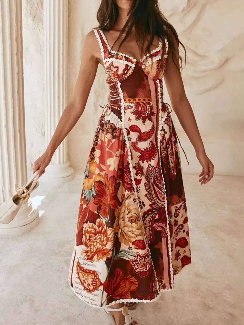 Vintage Paisley Print Lace Trim Midi Dress, image 2