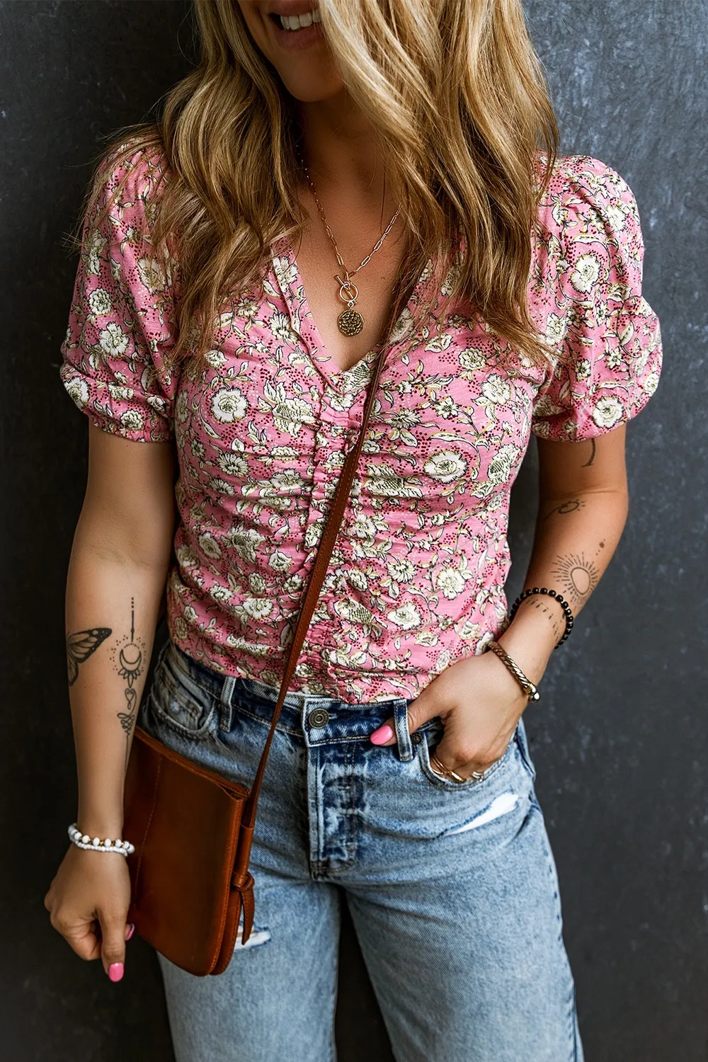 Ruched Printed Puff Sleeve Blouse, image 4