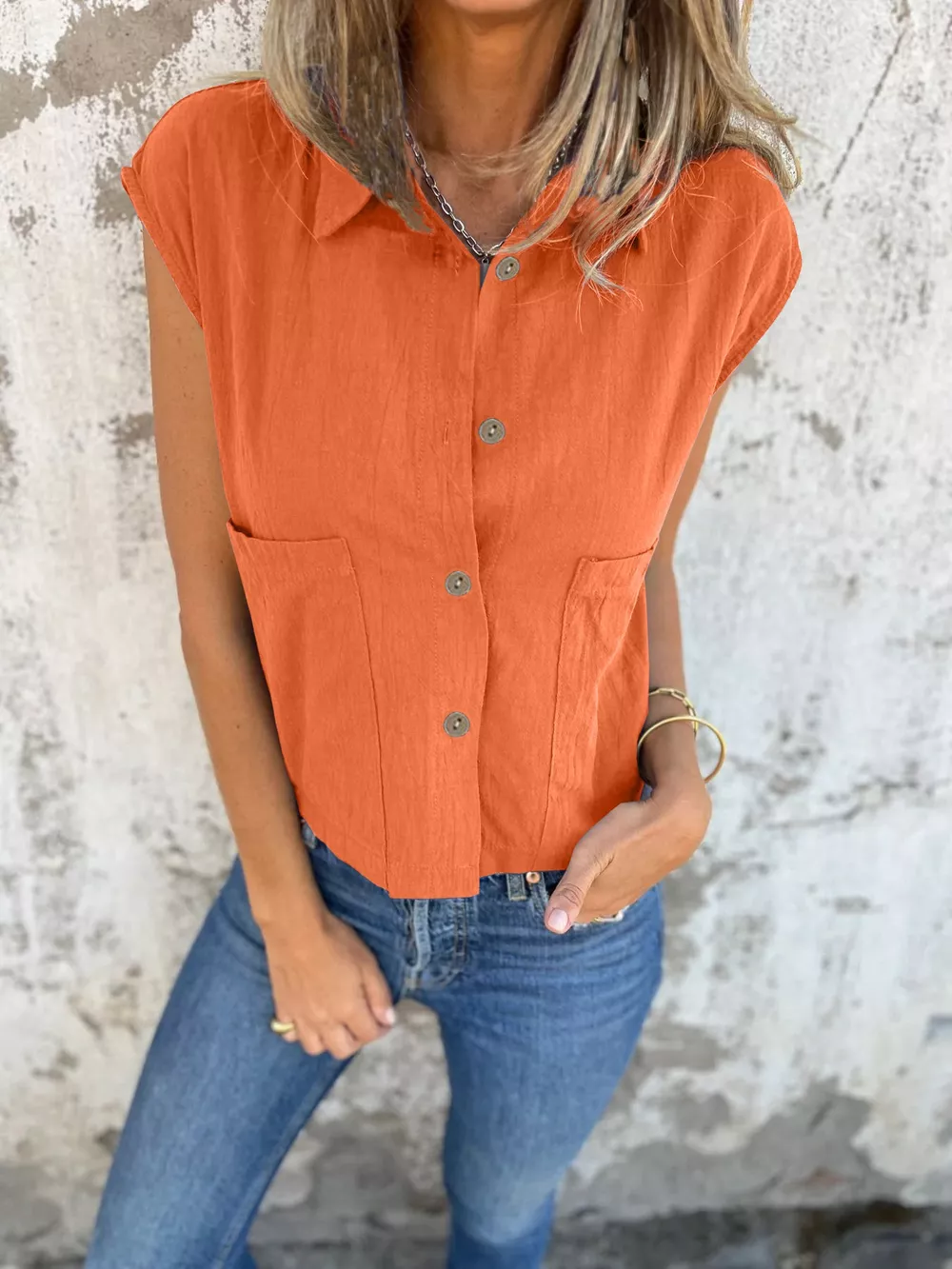 Button-Down Cap Sleeve Shirt, image 3
