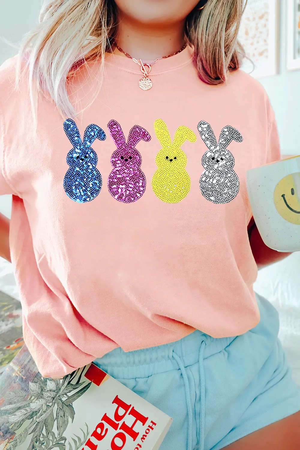 Sequin Bunny Round Neck Short Sleeve T-Shirt
