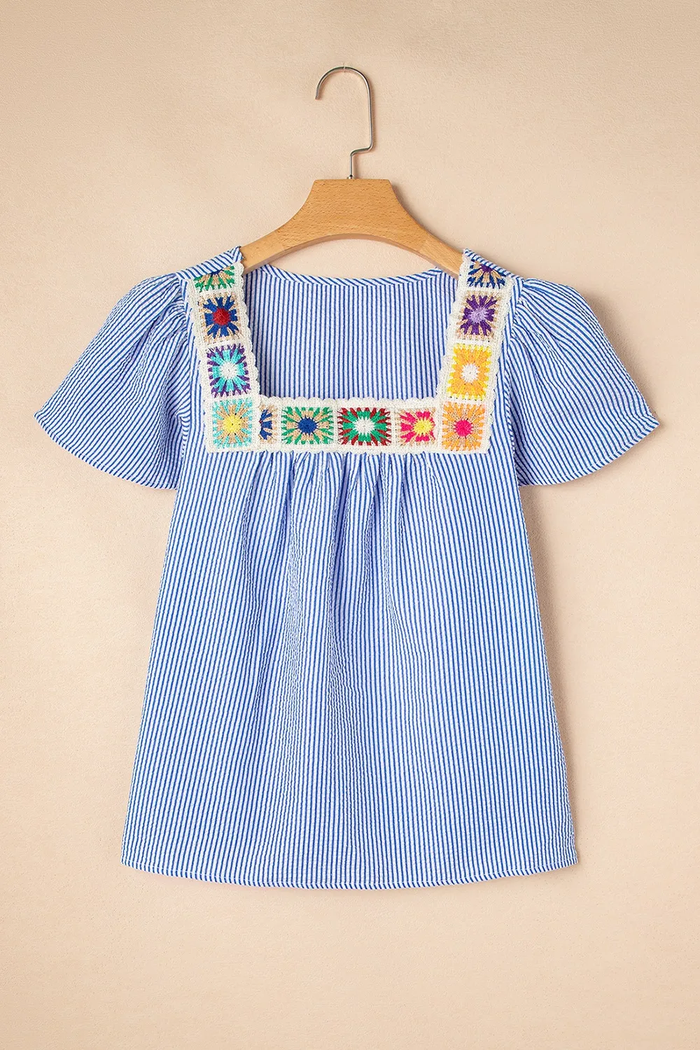 Stripe Textured Ruffle Short Sleeve Boho Detail Square Neck Blouse, image 3