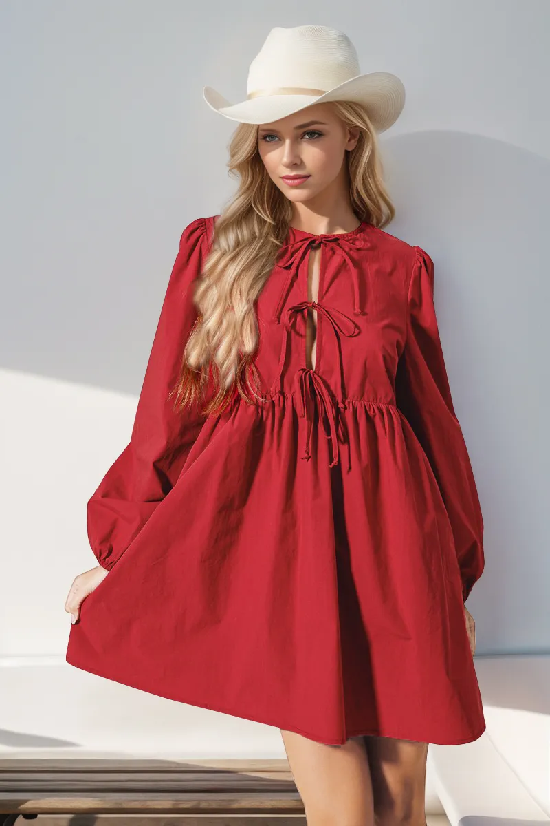 Christmas Front Tied Long Sleeve Mini Dress, image 3