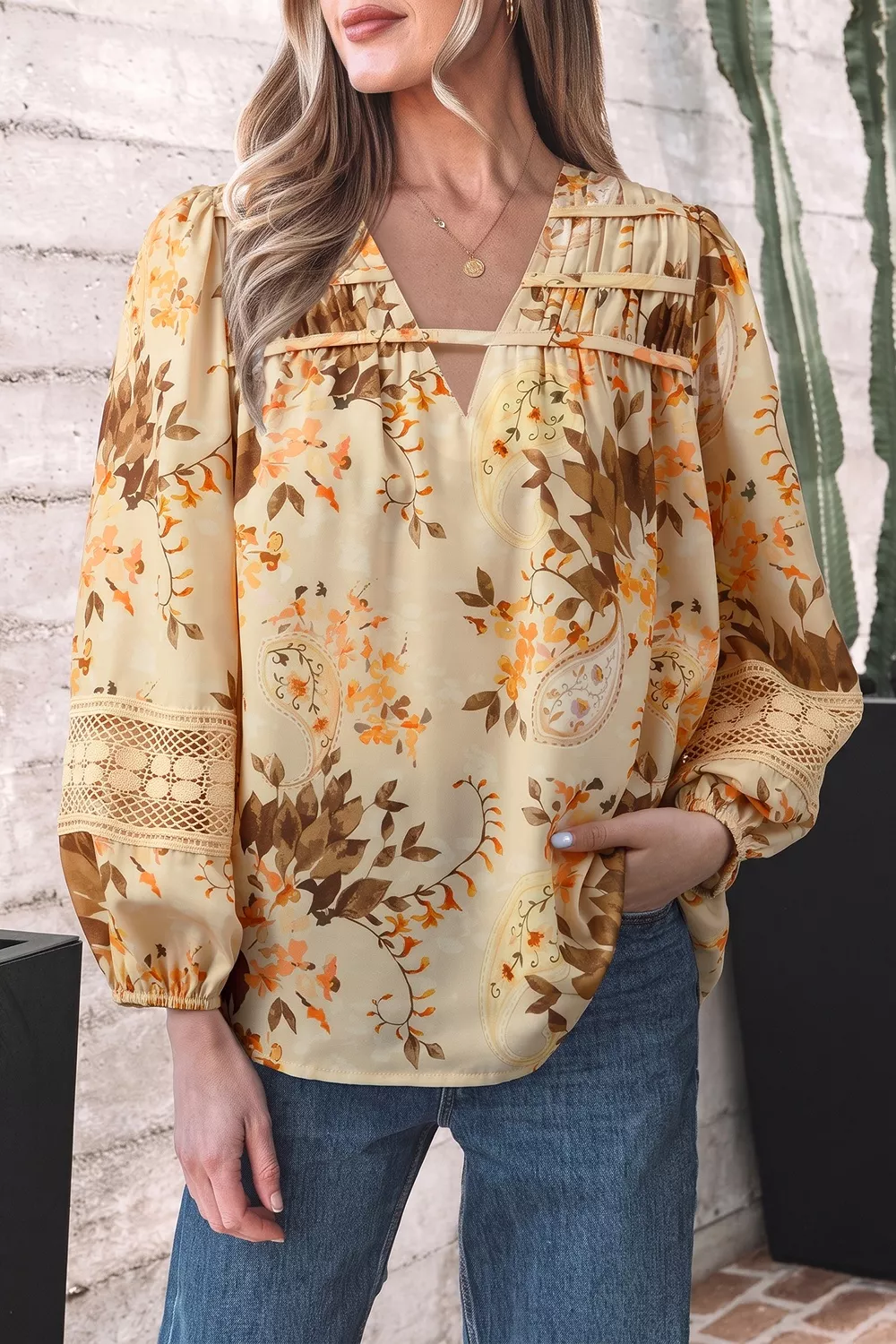 Paisley Print Decorative Binding Tape V Neck Shift Blouse, image 3