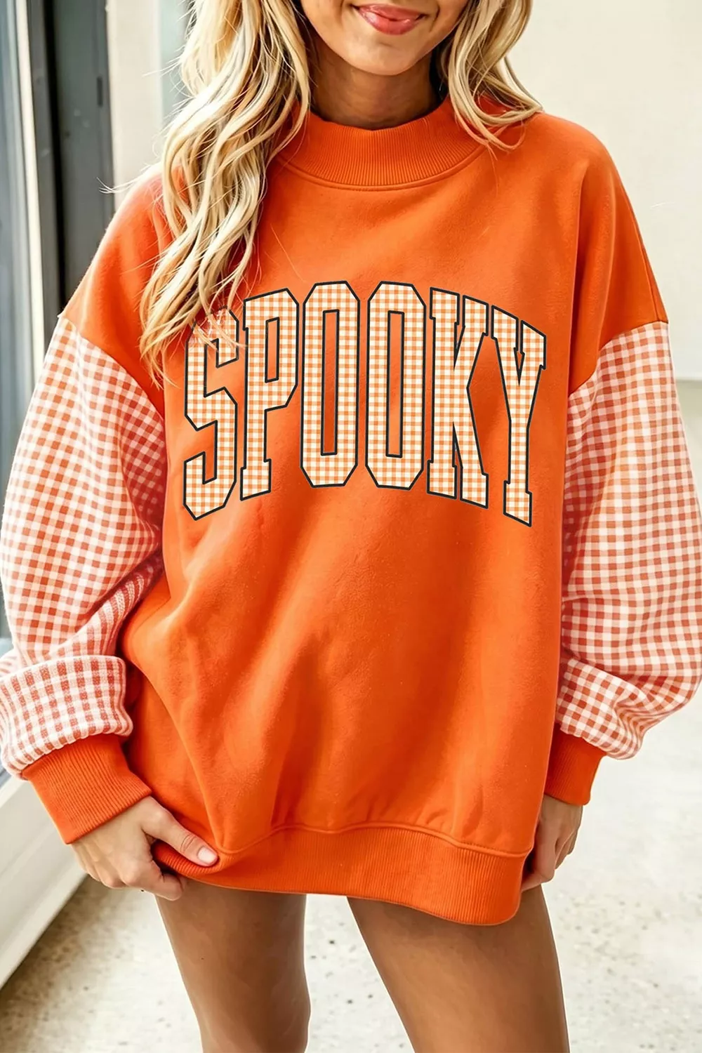 Plaid Contrast Sleeve SPOOKY Letter Graphic Sweatshirt, image 2