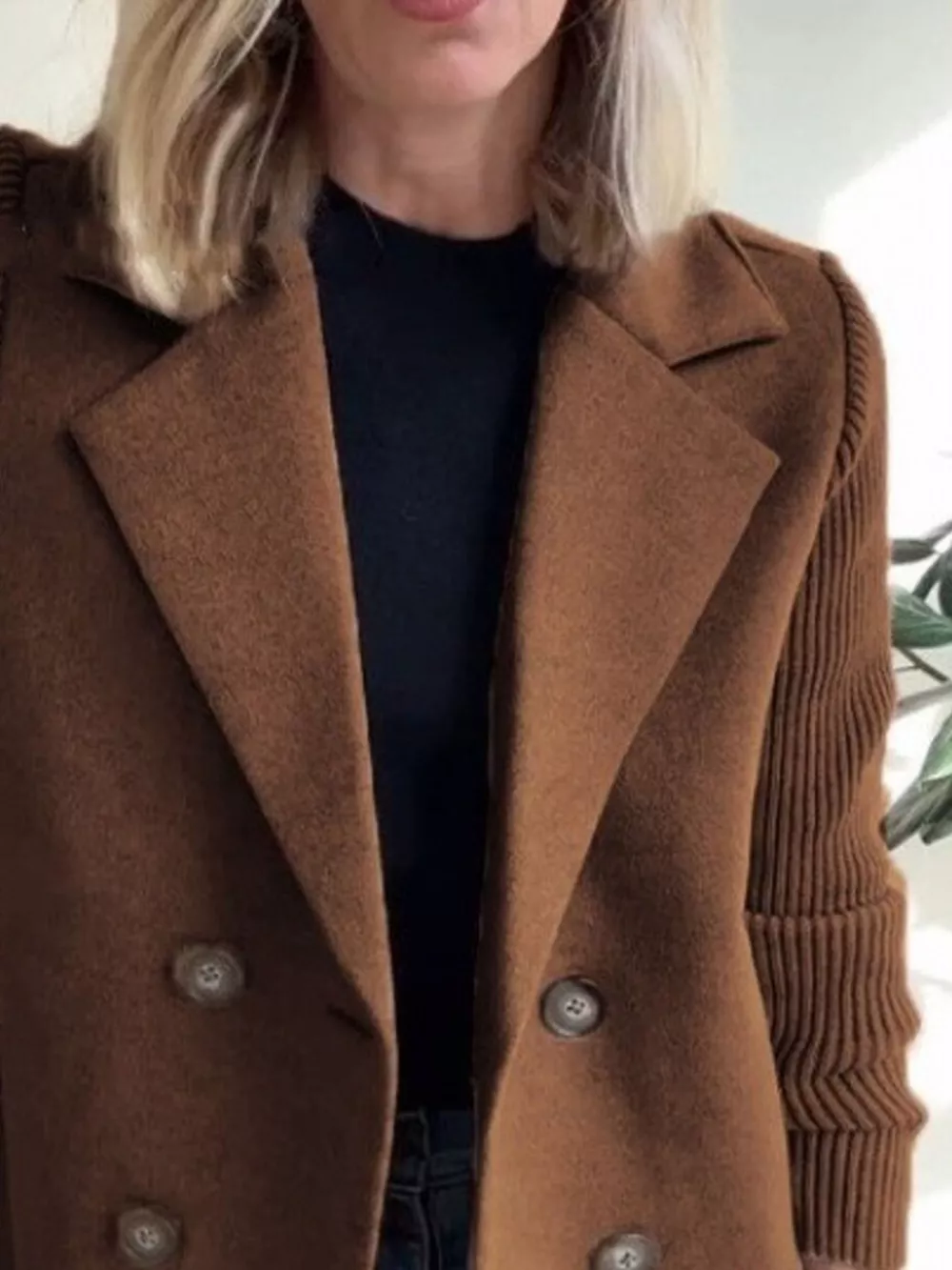Full Size Knitted Sleeve Wool Blend Double-Breasted Blazer Plus Size, image 10