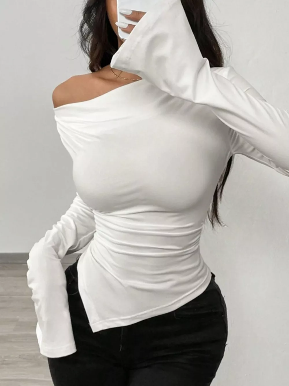 Asymmetrical Long Sleeve Fitted T-Shirt, image 2