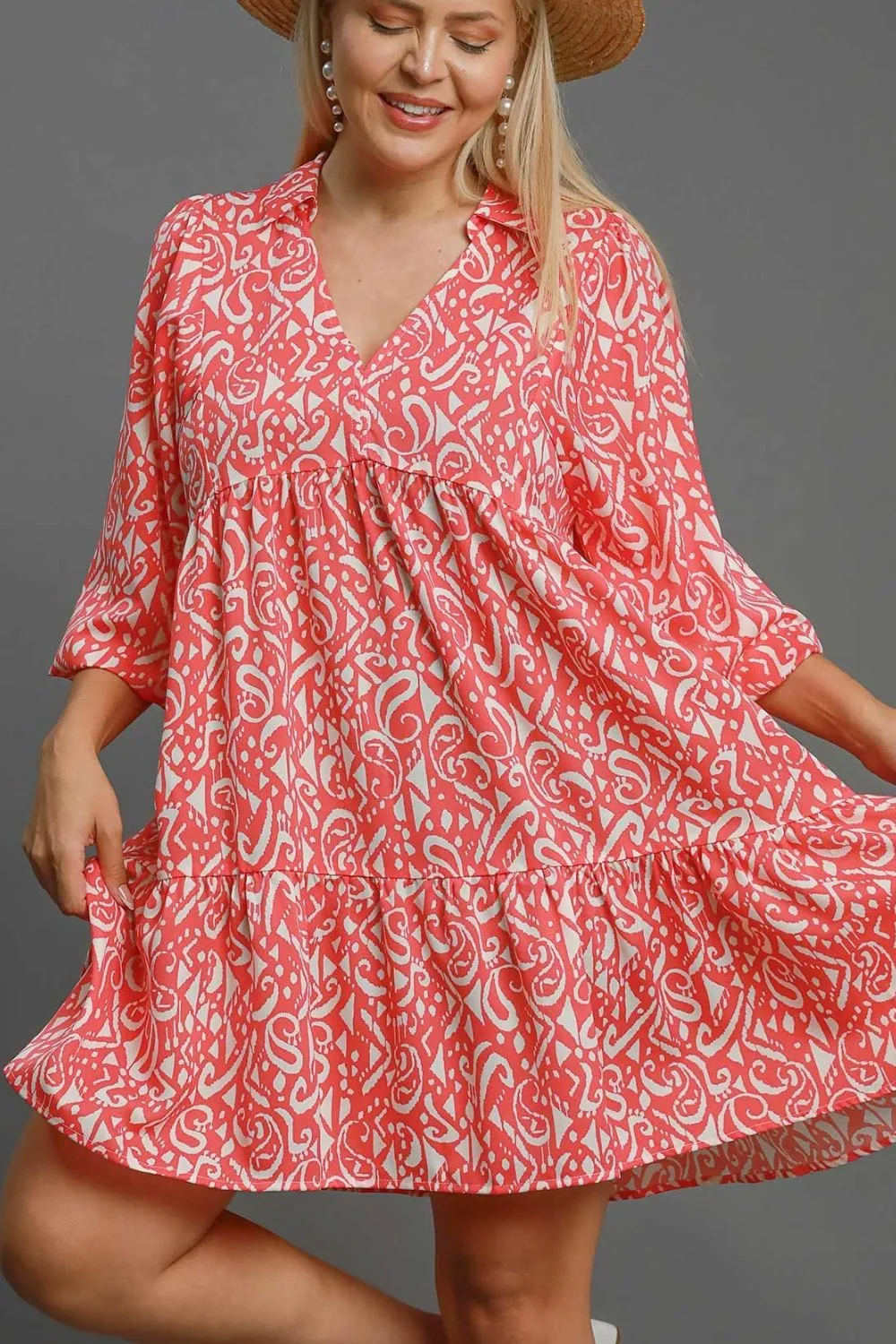 Full Size Two Tone Print Balloon Sleeve Tiered Dress Plus Size, image 3