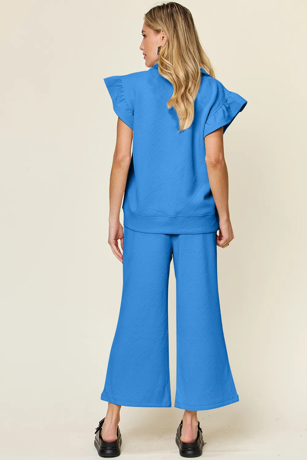 Texture Ruffle Short Sleeve Top and Drawstring Wide Leg Pants Set, image 7