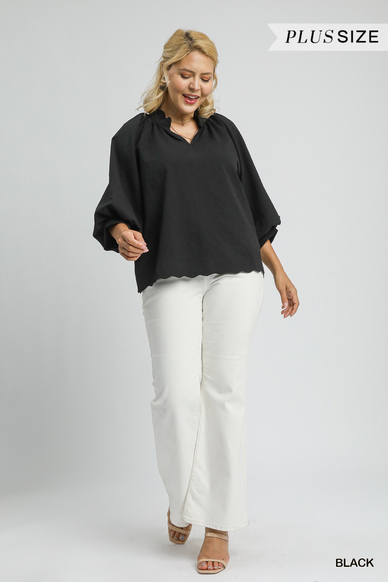 Full Size Textured Notched Balloon Sleeve Blouse Plus Size, image 2