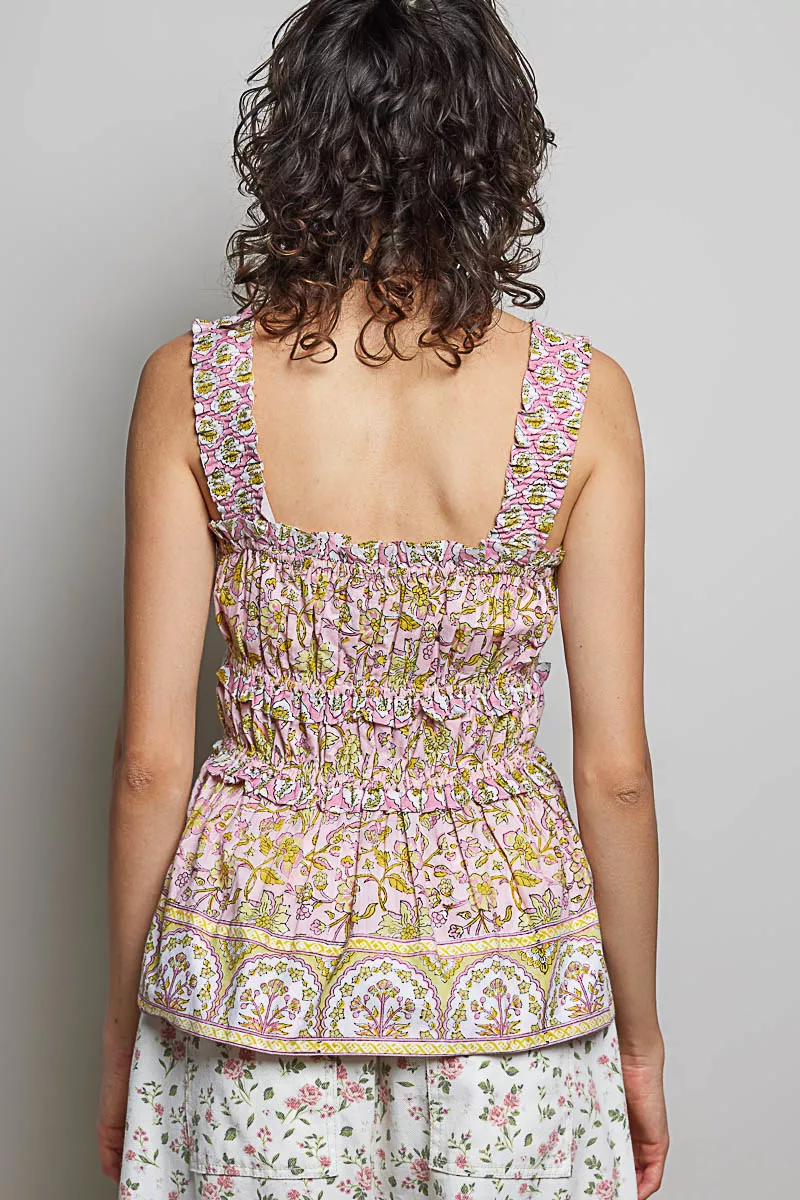 Smocked Printed Square Neck Peplum Tank with Ruffle Trim, image 4