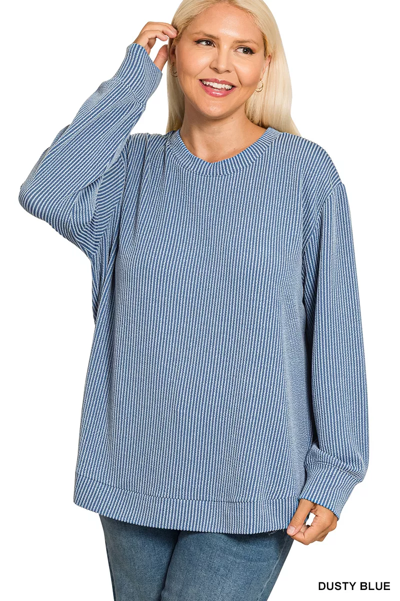 Full Size Raised Rib Round Neck Long Sleeve Top Plus Size, image 2