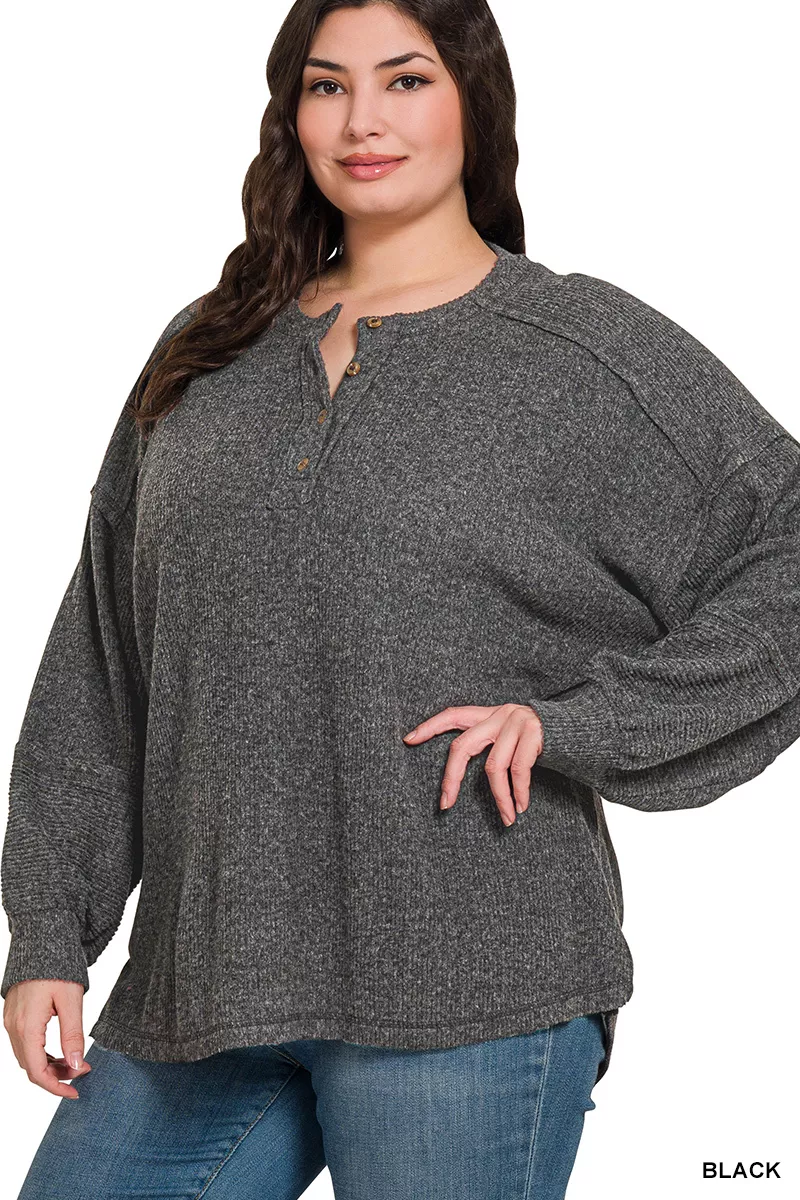 Full Size Ribbed Brushed Hacci Melange Henley Sweater Plus Size, image 2