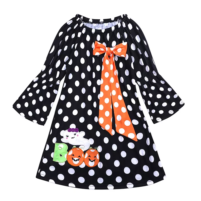 Children's Halloween Ghost Polka Dot Dress with Bow, image 7