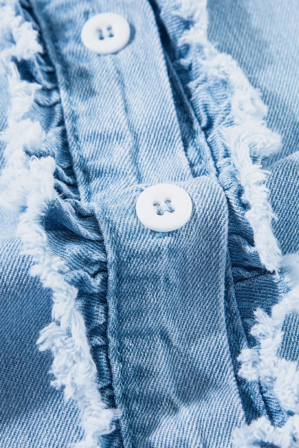 Button Down Raw Hem Ruffled Denim Shirt, image 6